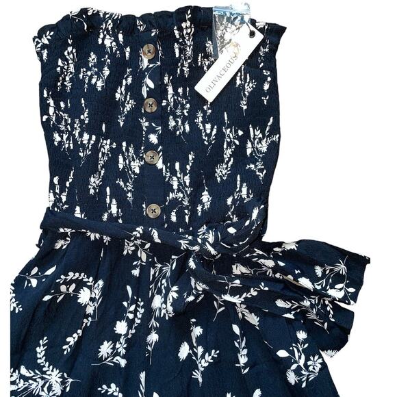 Olivaceous Smocked Button Detail Wide Leg Blue Print Jumpsuit Small - Picture 3 of 9